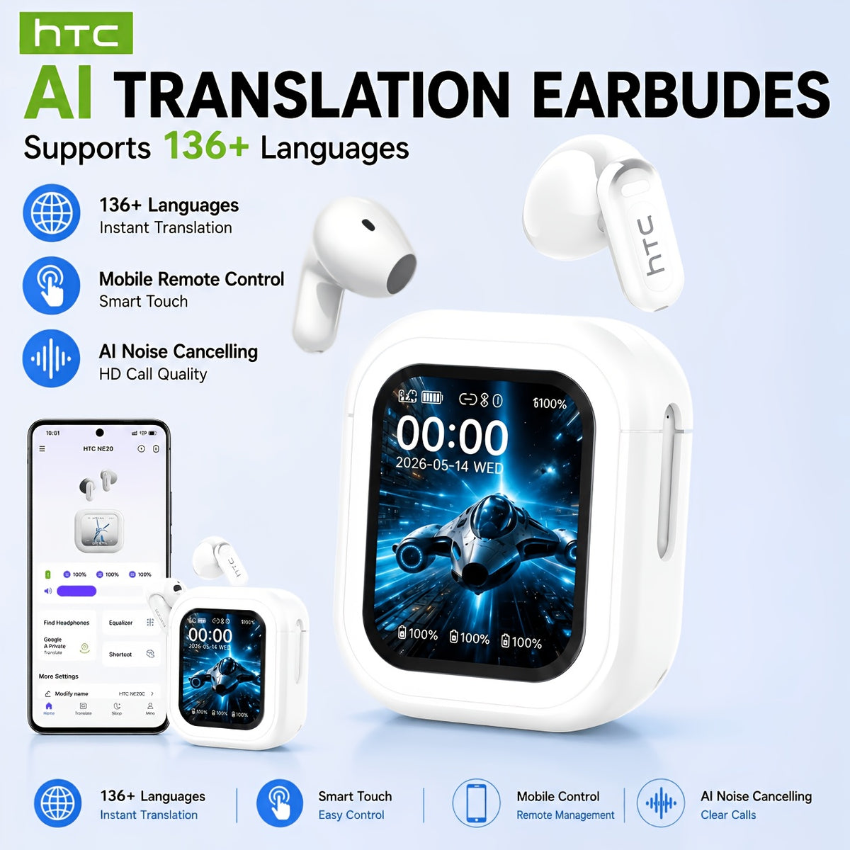 HTC NE20 AI Smart Translator Earbuds in white, wireless with sleek design and built-in language translation features.