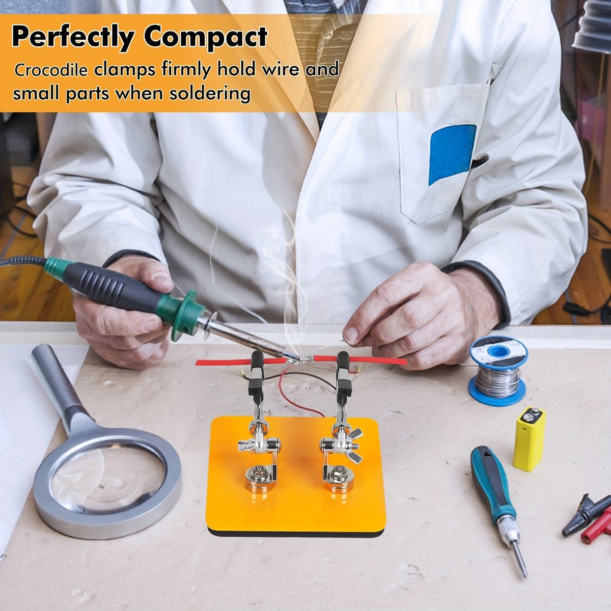Temu soldering helping hands with magnetic flexible arms and crocodile clips holding a circuit board during soldering.