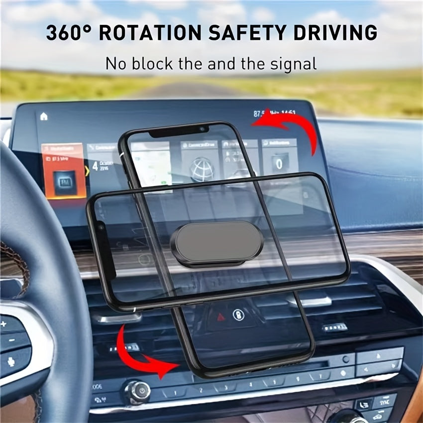 Temu magnetic car phone holder with 360-degree rotatable dashboard stand, universal multi-functional design for smartphones.