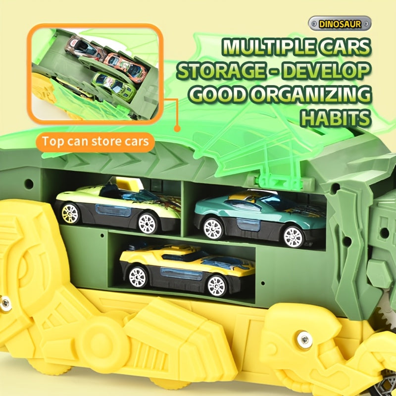 Green and yellow dinosaur transformer toy for kids with friction-powered slide track and three cars, by Temu.