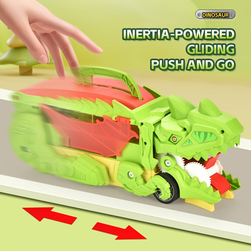 Green and yellow dinosaur transformer toy for kids with friction-powered slide track and three colorful cars.