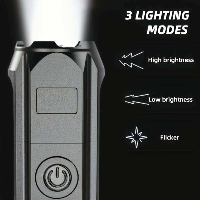 Two rechargeable LED flashlights with zoom and three lighting modes, featuring black handheld design by Temu.