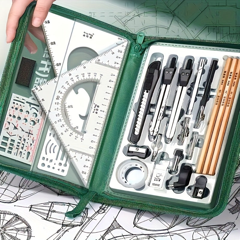 Advanced drawing tool set by Temu featuring stainless steel pencils, pens, and art tools on a white background.