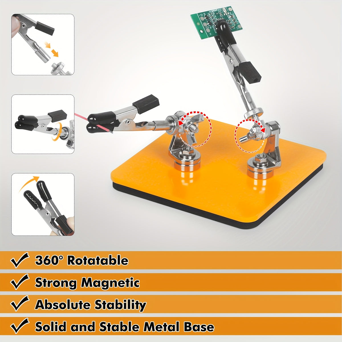 Temu soldering helping hands with magnetic flexible arms and crocodile clips holding a circuit board for precise soldering.