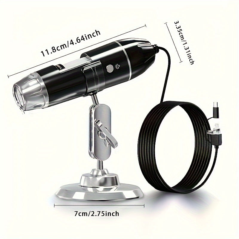 Inskam 1600X 2MP/0.3MP 3-in-1 digital microscope camera with adjustable lenses and digital display, branded Temu.