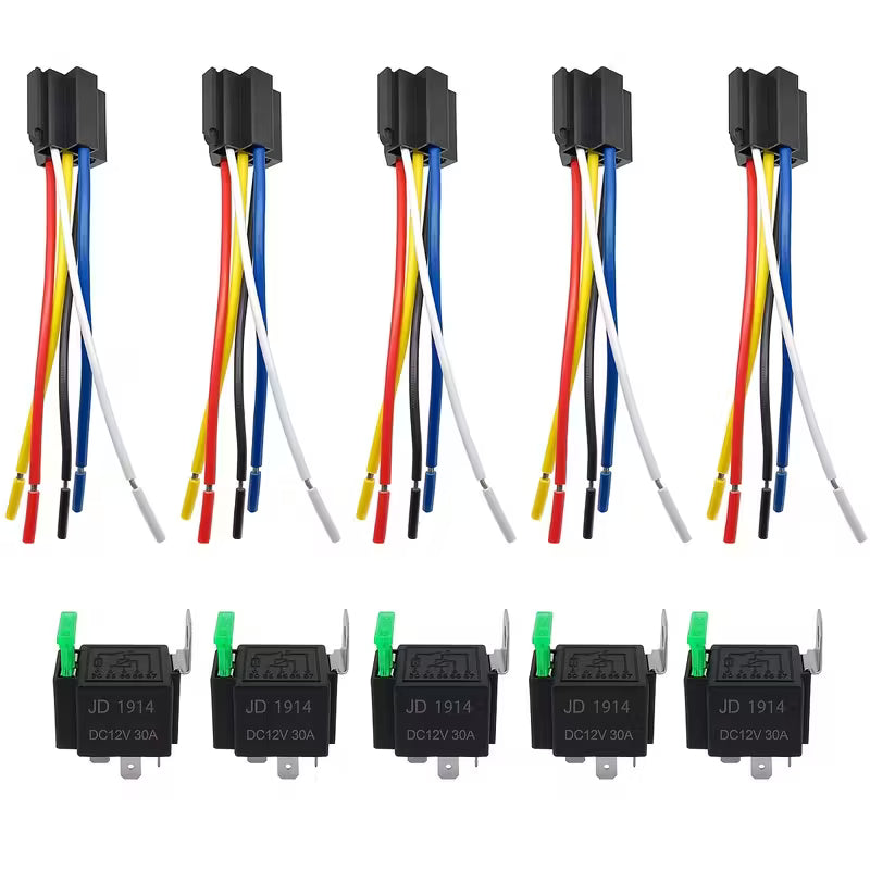 Automotive relay kit with fuse protection, 12V 30A Temu auto relay, includes multiple relays and wiring components.