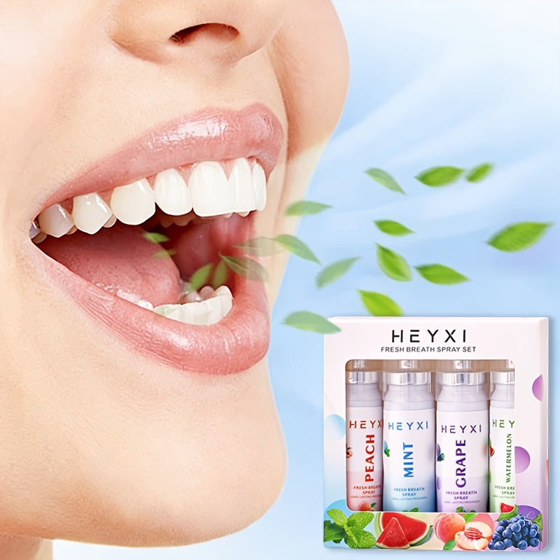 Four Temu fruit-flavored breath fresheners in 22ml bottles, showcasing vibrant packaging and fresh, fruity design.