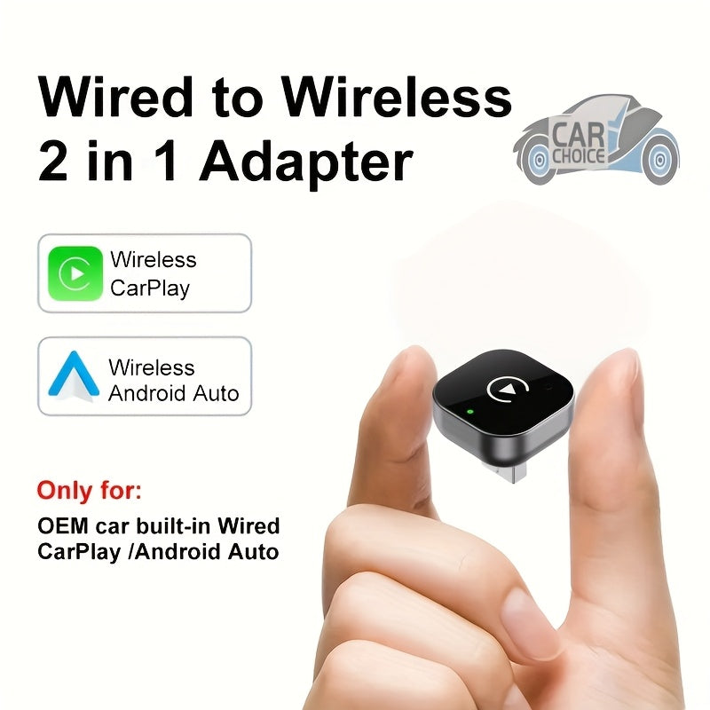 Wireless CarPlay Adapter by Temu with stereo sound, smartphone controller, and hands-free calling, shown connected in a vehicle.