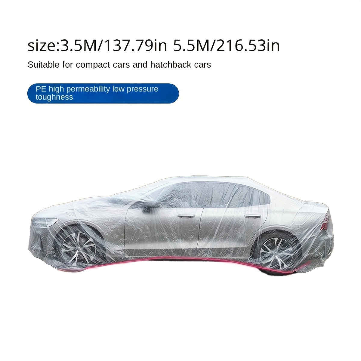 Clear PE car cover from Temu fitting a full vehicle, protecting against sun, rain, and dust with transparent material.
