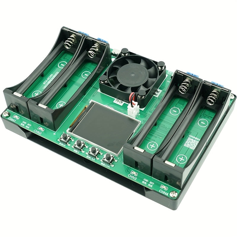 Temu 4-channel lithium-ion battery tester for 18650 batteries, showing device display and battery connection ports.