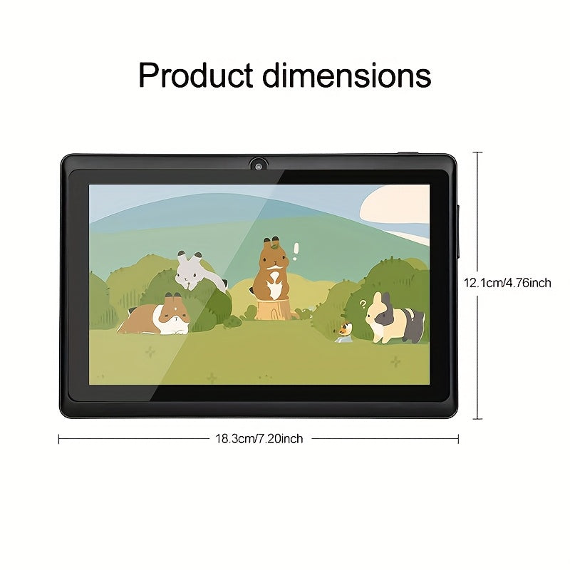 Temu 7-inch Android 14 tablet with protective case, 4GB RAM, 32GB storage, showing screen and sleek design.