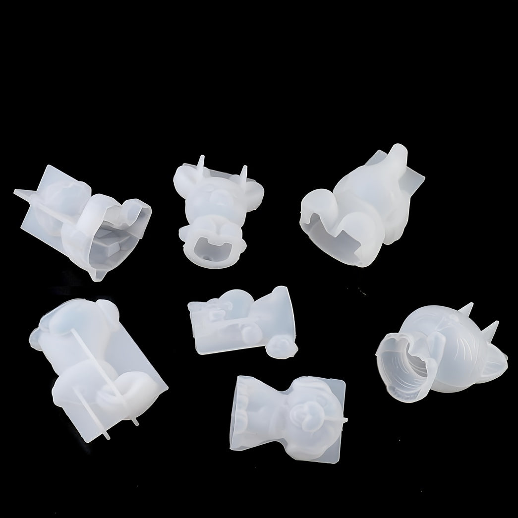 7-piece Temu 3D animal resin and gypsum mold set for epoxy resin and stone crafts, showing various animal-shaped molds.