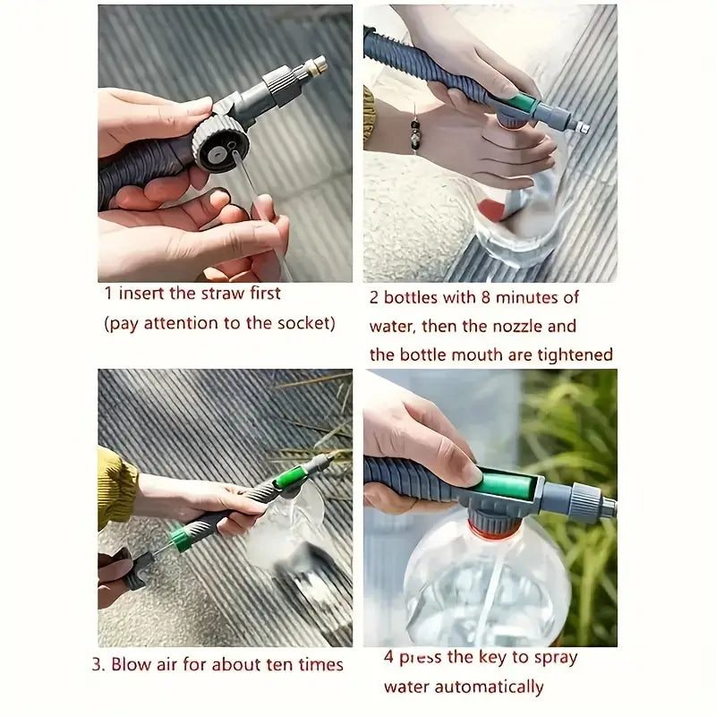 Temu plastic handheld garden sprayer with pressure pump for watering plants, featuring a transparent water container and adjustable nozzle.