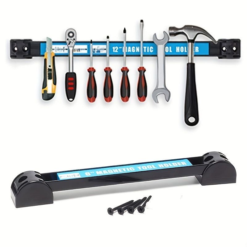 Magnetic tool rack by Temu mounted on wall, metal storage shelf with hooks for organizing tools and accessories.