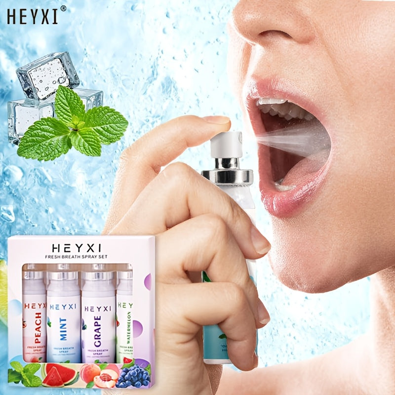 Four Temu fruit-flavored breath fresheners in 22ml bottles, showcasing colorful packaging for long-lasting oral freshness.