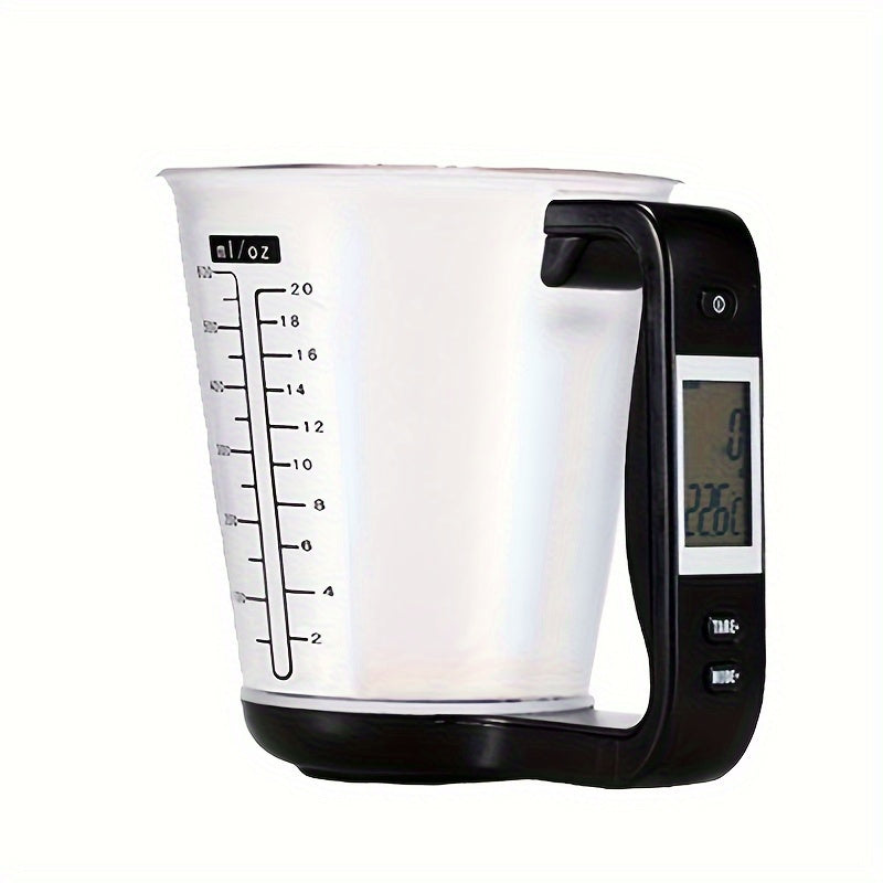 600ml Temu smart measuring cup with built-in thermometer and digital scale for precise liquid measurement.