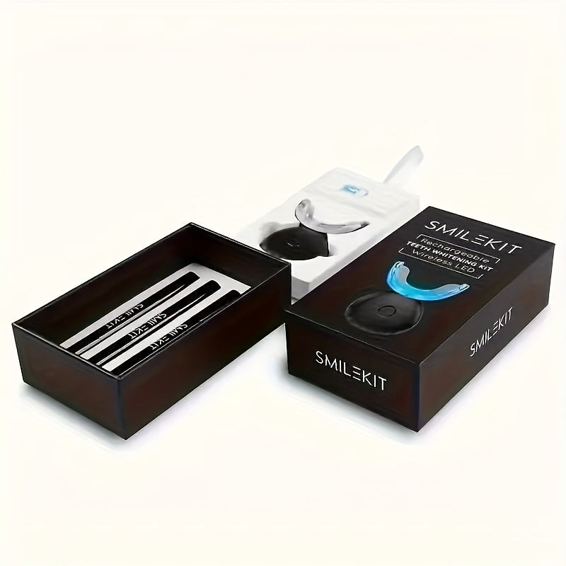 Wireless dental cleaning set by Temu with LED blue light, includes four tooth gel pens and a compact cleaning device.