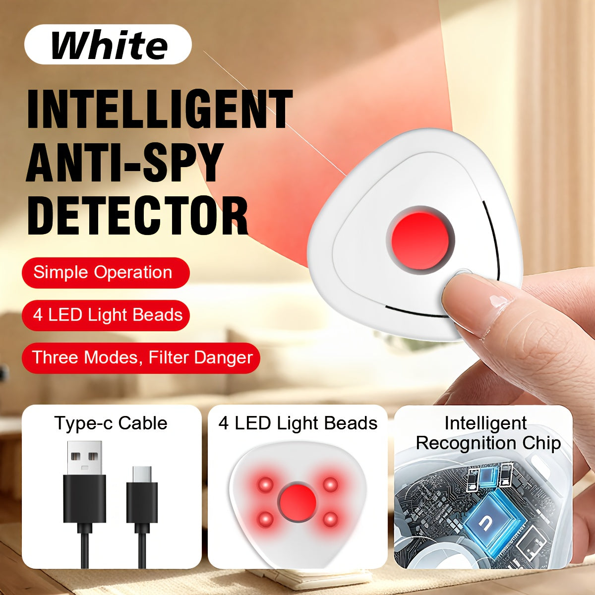 Mini hidden camera detector by Temu, portable and compact device used to find concealed surveillance cameras.