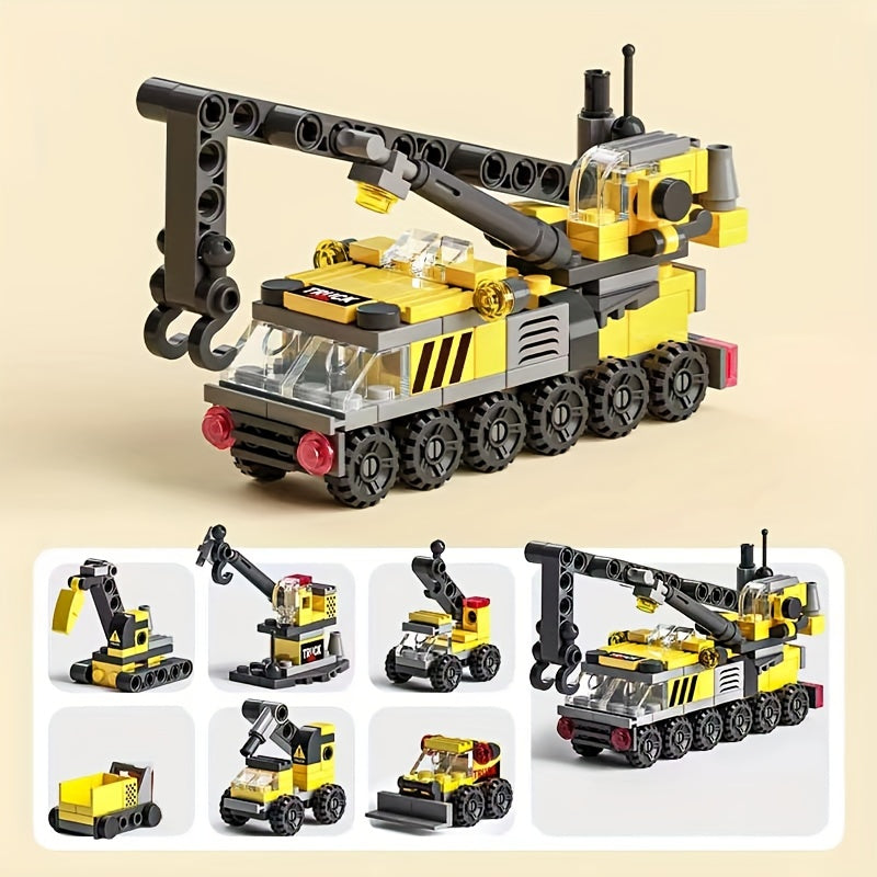 Temu 142pcs engineering crane pullback building blocks set with colorful plastic pieces and a working crane mechanism.