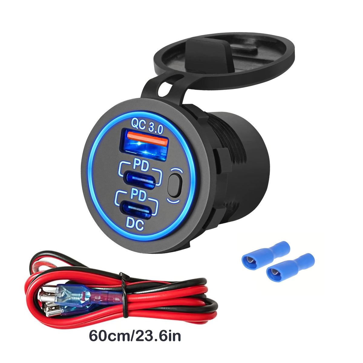 Temu 3-Port USB fast car charger socket with cable, 30W PD3.0 and 18W QC 3.0 for quick device charging in vehicles.