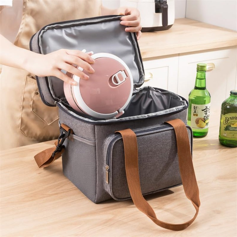 Large Temu insulated lunch and cooler tote box with two-tier design, featuring a spacious, insulated interior for food and drinks.
