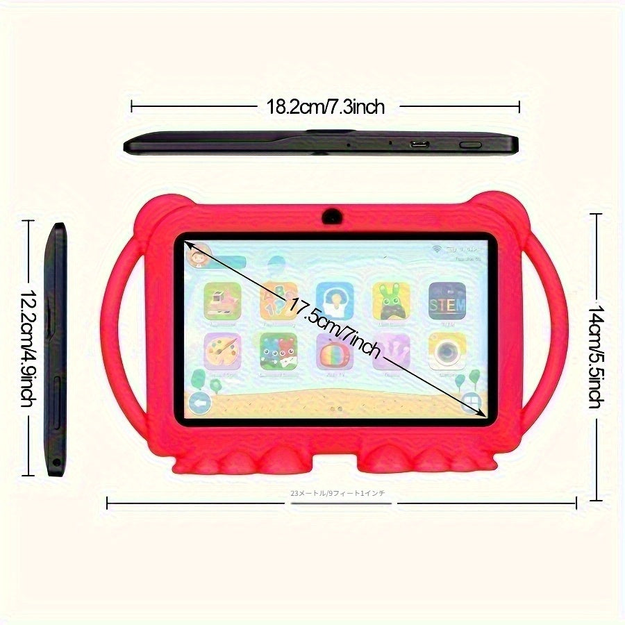 Temu 7-inch Android 14 tablet with protective case, 4GB RAM, 32GB ROM, showing the device's screen and sleek design.