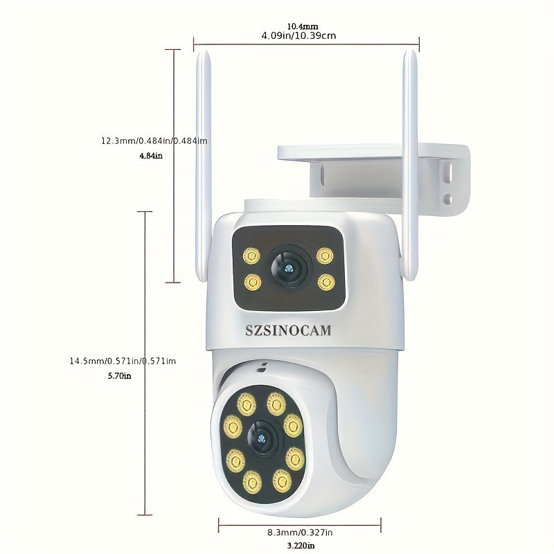 Temu SZSINOCAM 720P HD wireless outdoor security camera with dual lenses, night vision, IP66 weatherproof, app control.