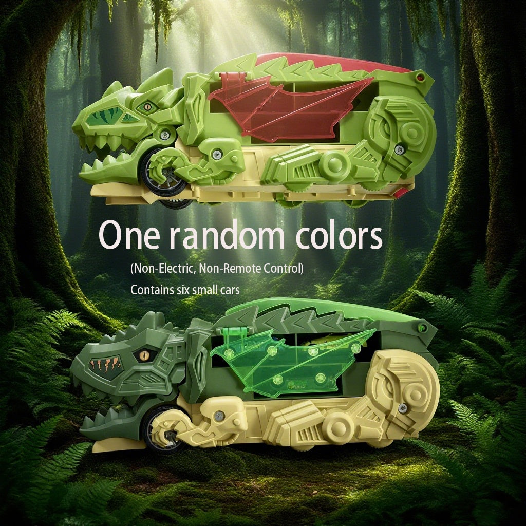 Green and yellow dinosaur transformer toy for kids with friction-powered slide track and three cars, by Temu.