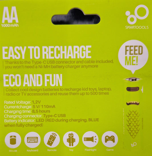Smart Tools AA 1.2V 1000mAh Rechargeable Type C Batteries - 2 pack - Little Tokyo SA