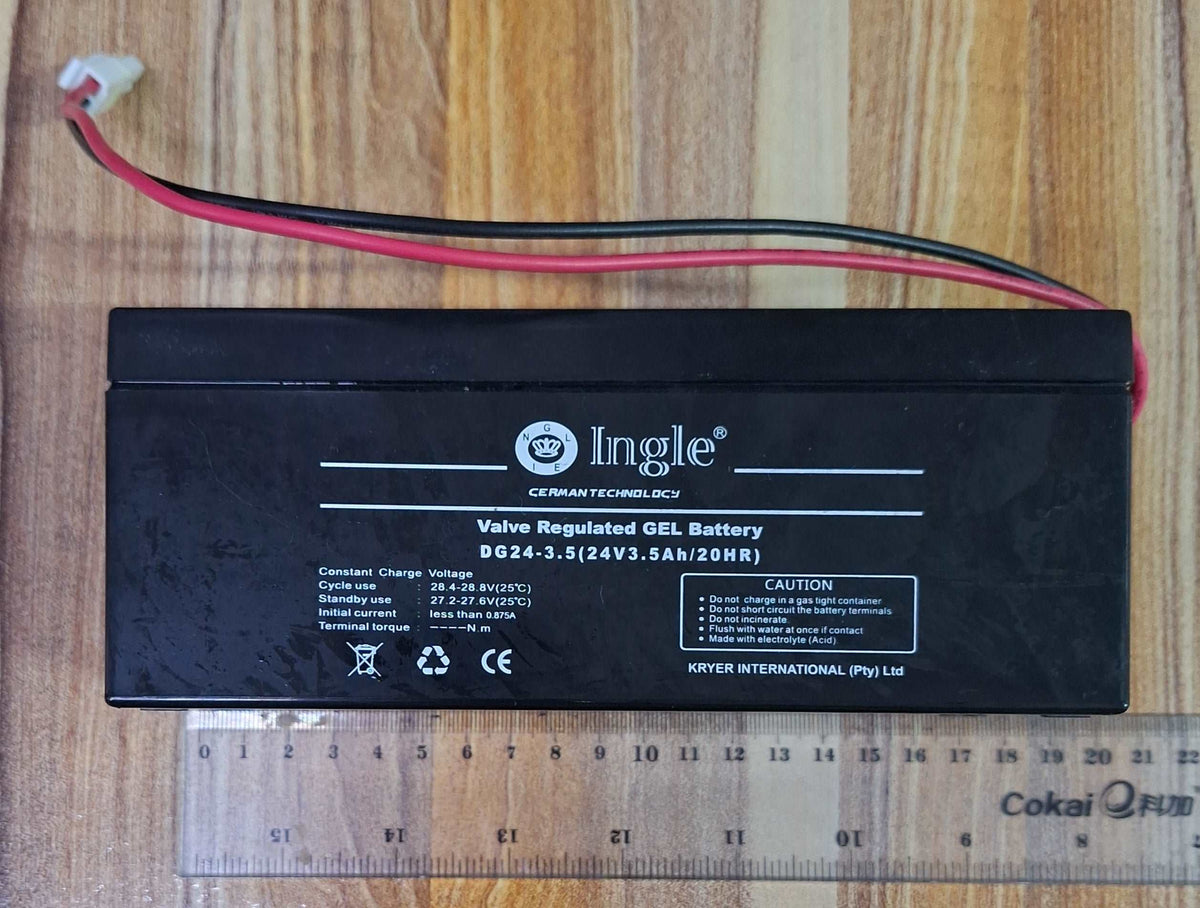 ET Ingle Valve Regulated Gel Battery, 24V 3.5Ah, showing the compact, sealed gel battery with terminal posts.
