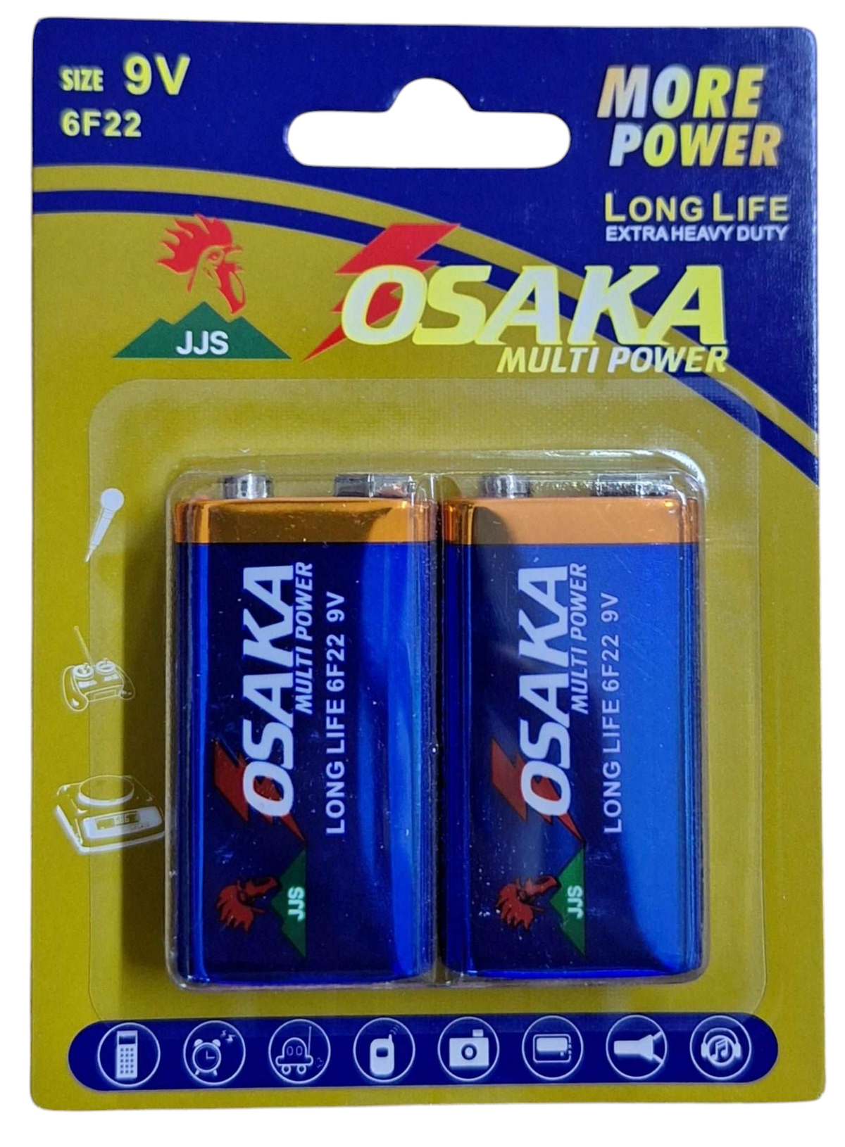 9V Long Life Osaka Batteries by ET, showing the durable 9-volt battery with black and silver packaging.