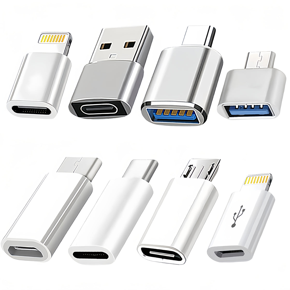 Set of 8 USB to Type-C adapters from Temu, compact connectors for seamless device compatibility and charging.