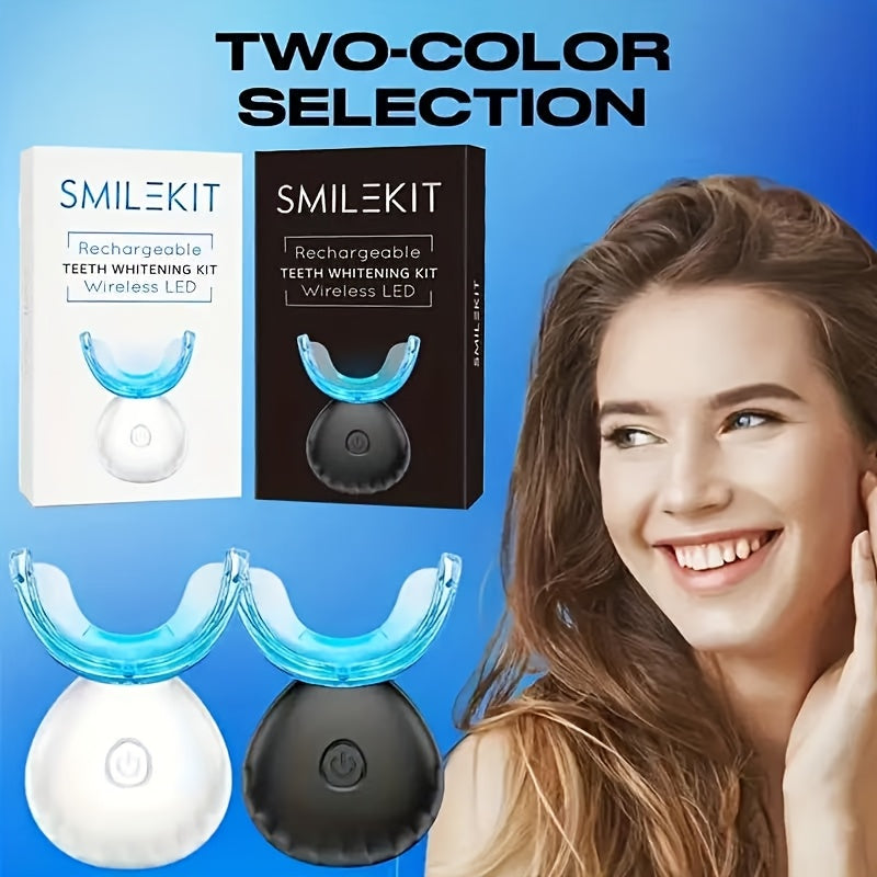 Temu SmileKit wireless dental cleaning set with LED blue light accelerator and four tooth gel pens on a white background.