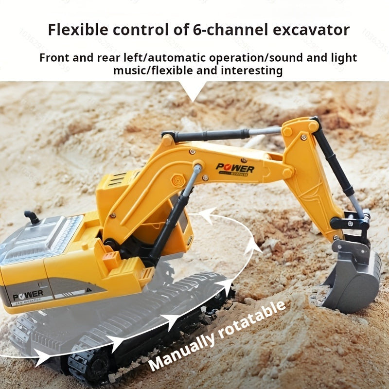 Temu 5-channel remote control excavator with detailed body, arm, and bucket for digging sand and soil.