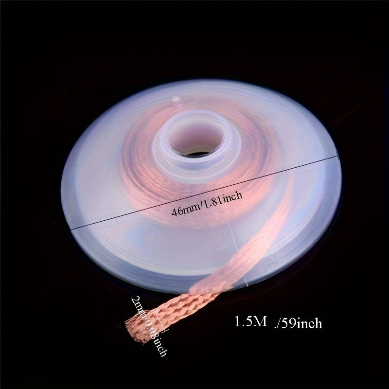 Foldable copper strips for soldering, 2mm thick and 1.5m long, made by Temu, shown in a coiled and flat view for electrical projects.