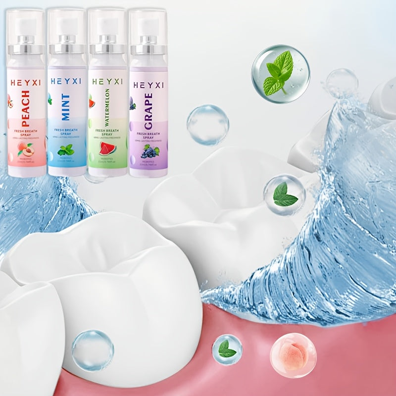 Four Temu fruit-flavored breath fresheners in 22ml bottles, providing long-lasting oral freshness and minty or fruity taste.