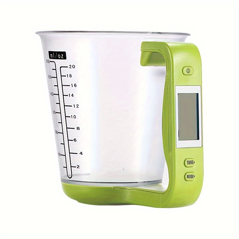 Temu 600ml smart measuring cup with built-in thermometer and digital scale for precise liquid measurement and temperature reading.