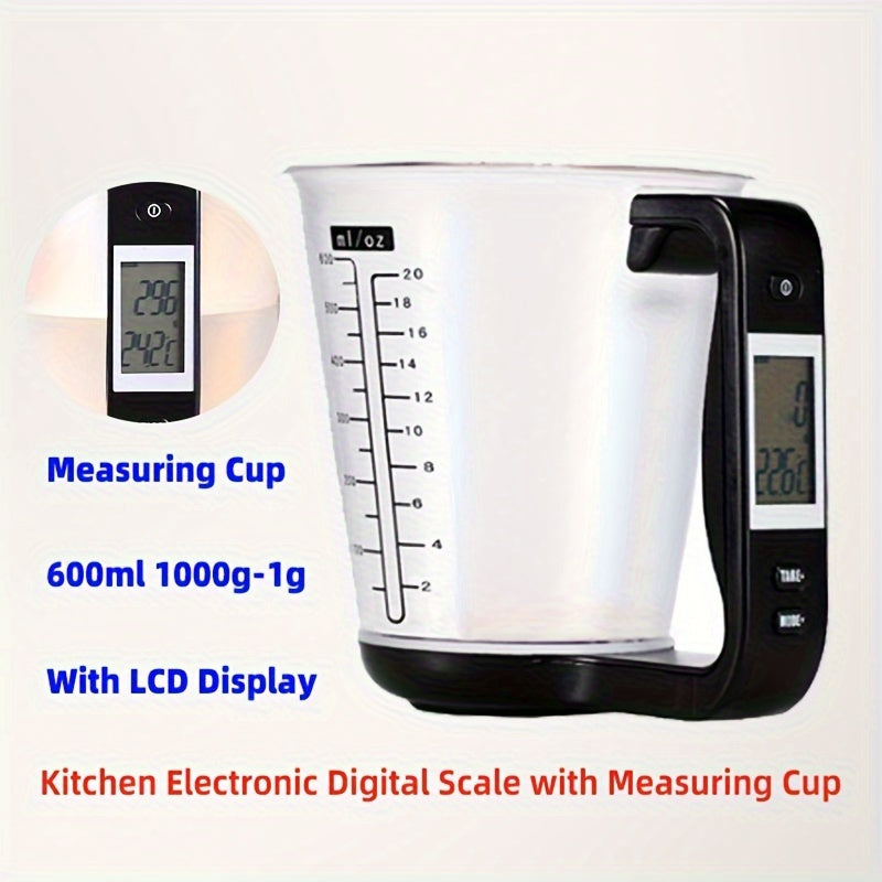 600ml Temu smart measuring cup with built-in thermometer and digital scale for accurate liquid measurement.