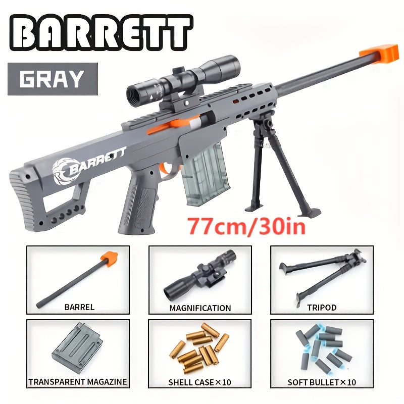 Temu large Barrett toy gun with stand, magazine, and soft bullets, realistic airsoft rifle for indoor and outdoor play.