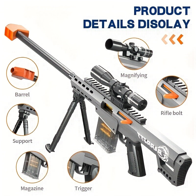 Temu large Barrett toy gun with stand, magazine, and soft bullets, realistic airsoft rifle for indoor and outdoor play.