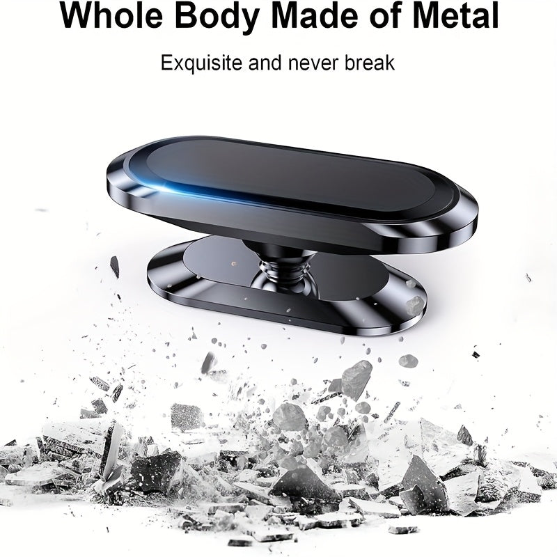 Temu magnetic car phone holder mounted on dashboard, 360-degree rotatable dashboard stand for universal smartphone support.