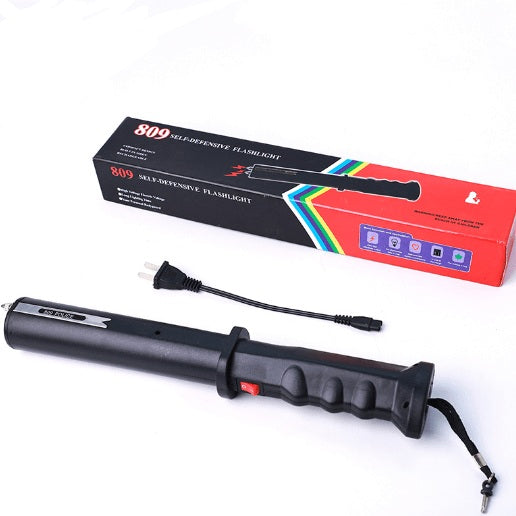 High power Super Electronics rechargeable self-defense baton and stun gun with compact design and ergonomic grip.