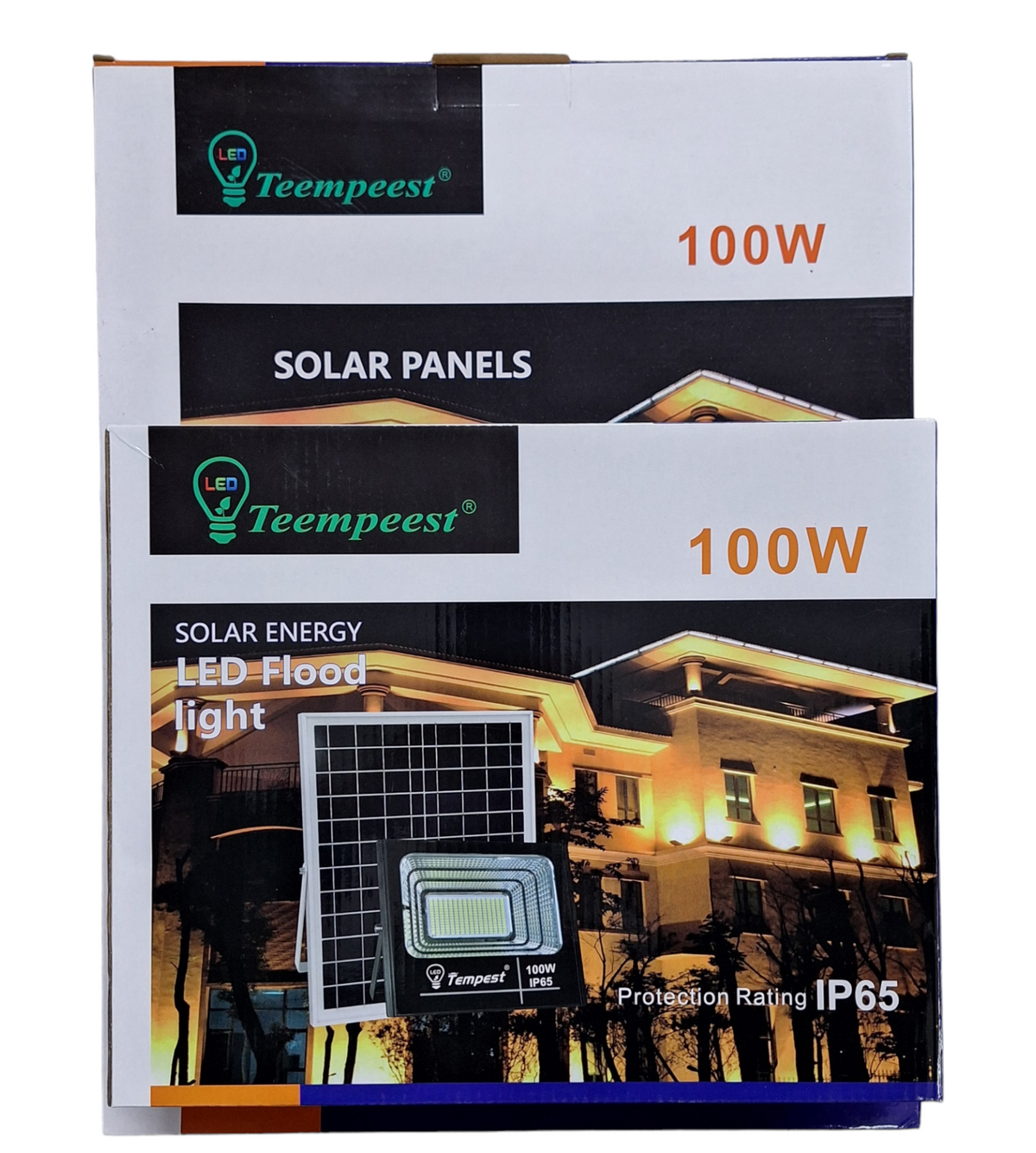 Little Tokyo SA 100W solar flood light with remote control, LED outdoor lighting with solar panel for outdoor illumination.