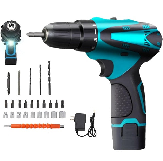 Little Tokyo SA 1831506 cordless 12V lithium battery electric drill set with drill, battery, and charger on a workbench.
