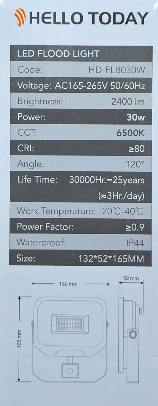 Hello Today Cool White 30 Watt Motion Sensor Flood Light - Indoor/Outdoor - Little Tokyo SA