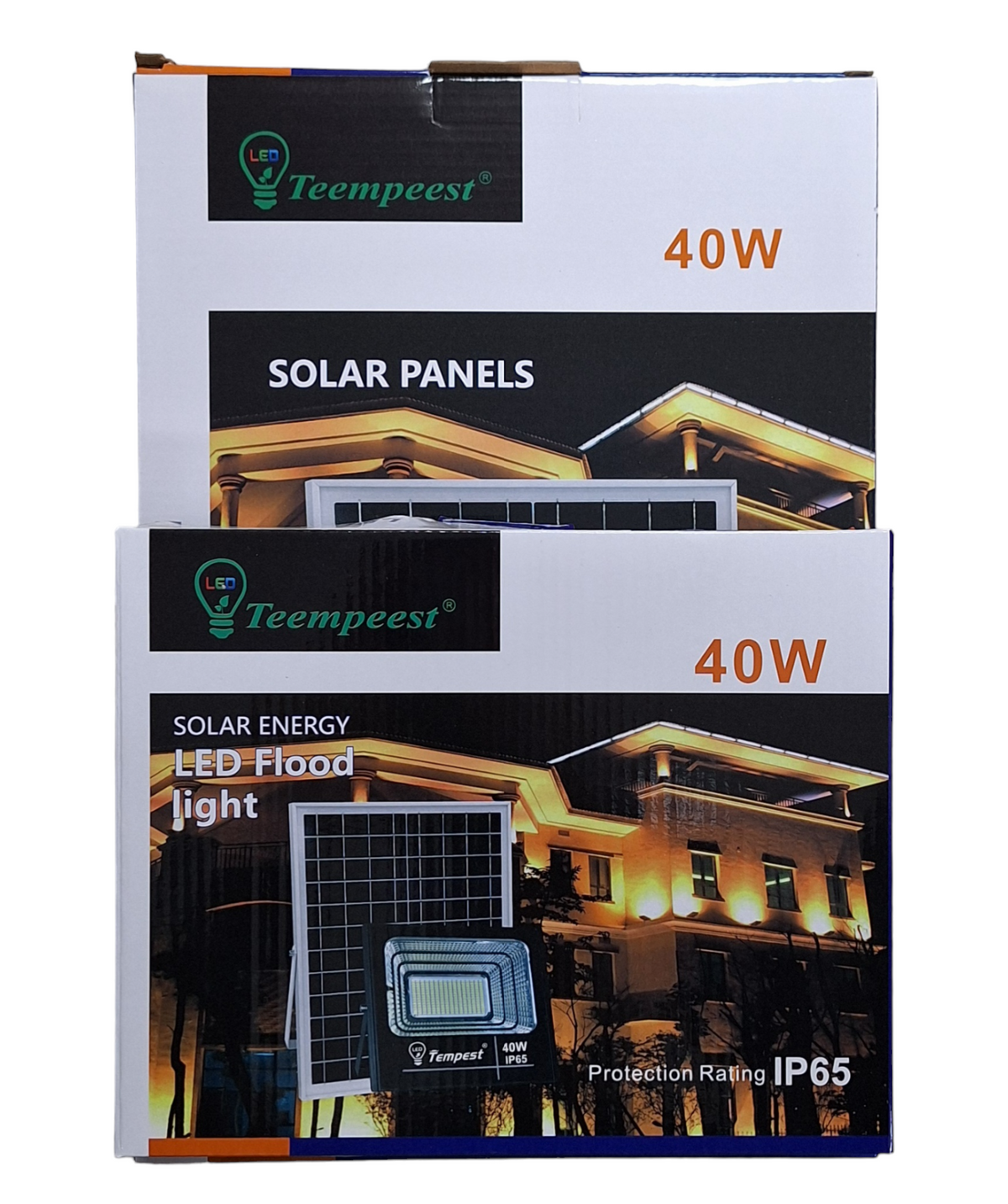 Little Tokyo SA 40W solar flood light with remote control, LED outdoor lighting, includes solar panel for energy-efficient illumination.