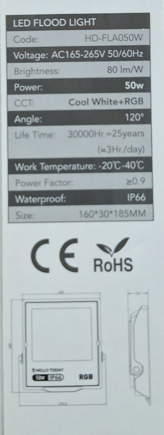 Hello Today Cool White + RGB 50 Watt LED Flood Light - Indoor/Outdoor - Little Tokyo SA