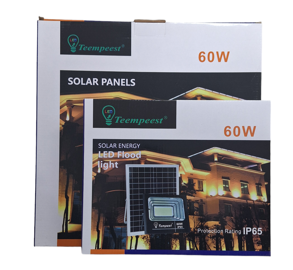 Little Tokyo SA 60W LED solar outdoor flood light with remote control and panel, installed for bright outdoor illumination.