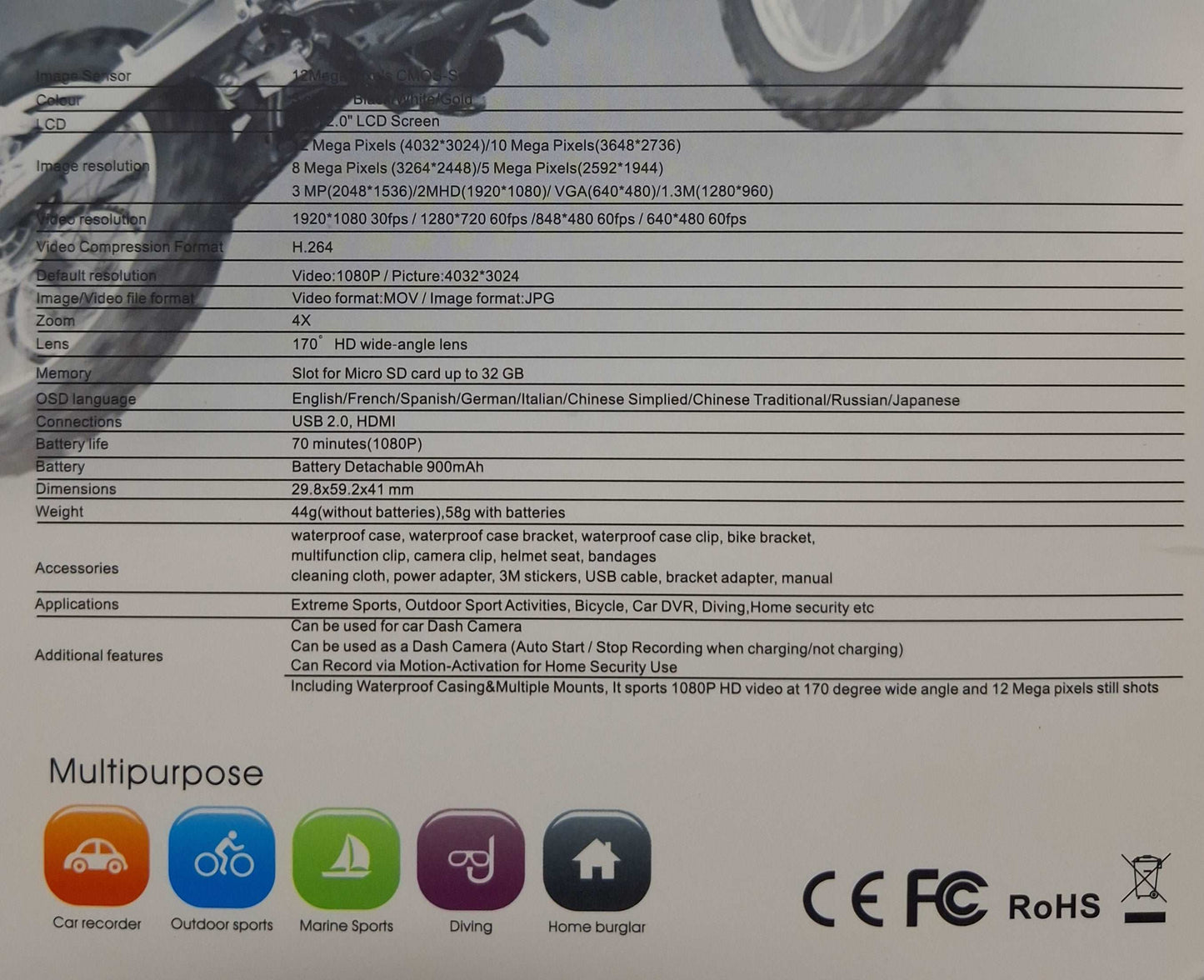 Action Camera - HD 1080P 1.5"/2.0" LCD Screen 12 Megapixles CMOS-Sensor