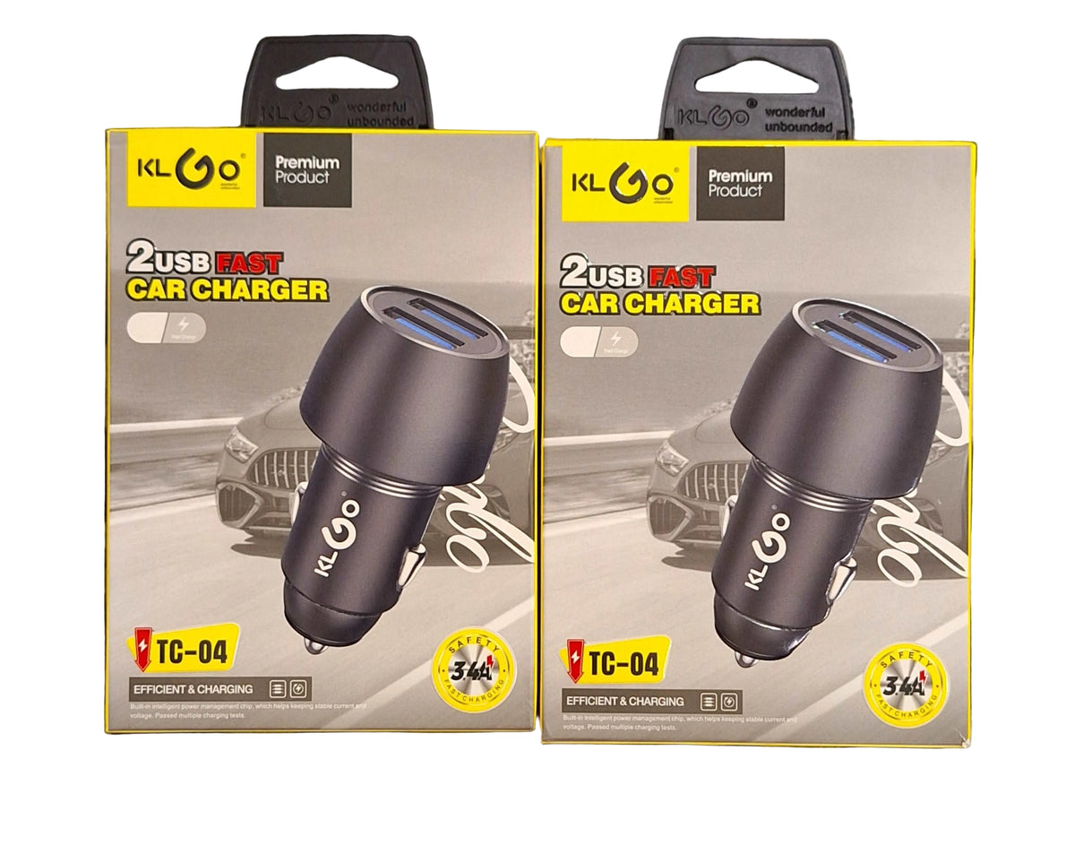 ET 2 Port USB Car Charger, compact car charger with dual USB ports for charging devices in vehicles.